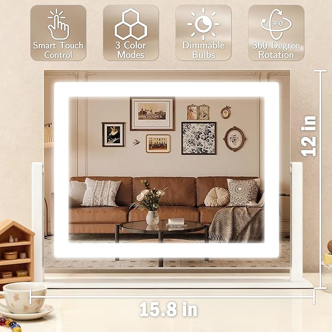 HNV 16"x13" Vanity Mirror with Lights, Rectangular Lighted Makeup Mirror with 10X Magnification, 3 Color Modes & Brightness Adjustable, Smart Touch, 360° Rotation Tabletop Mirror for Bedroom (White)