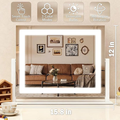 HNV 16"x13" Vanity Mirror with Lights, Rectangular Lighted Makeup Mirror with 10X Magnification, 3 Color Modes & Brightness Adjustable, Smart Touch, 360° Rotation Tabletop Mirror for Bedroom (White)