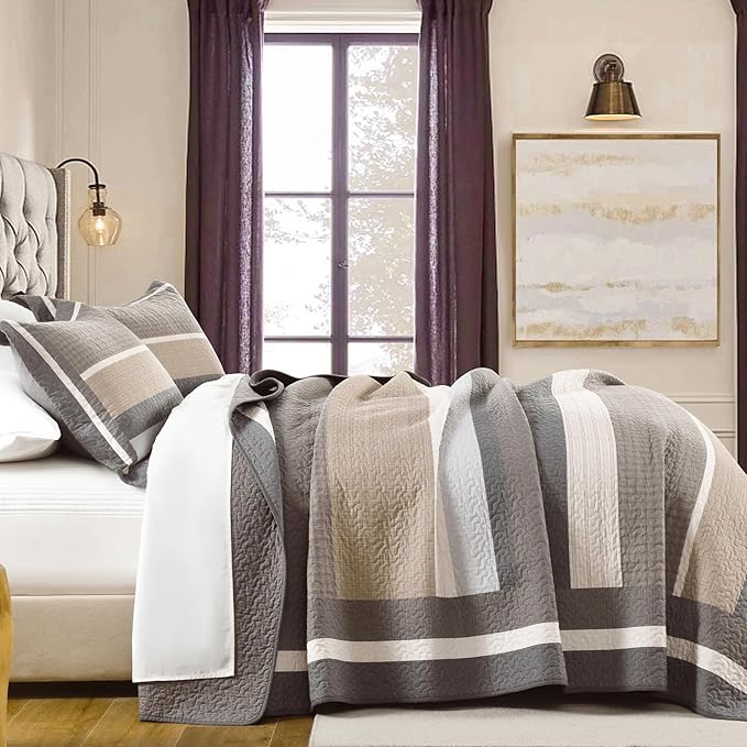 100% Cotton Quilts King Size, King Quilt Bedding Set Bedspread, Striped Quilt for King Bed, 3 Pieces Farmhouse Reversible Lightweight Comforter Bed Spread, Gray/Brown/Beige