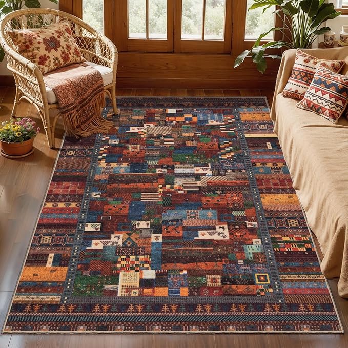 Tangsoo 3x5 Washable Rug, Vintage Throw Rugs Non Slip, Soft Low Pile Floor Rug Tribal Indoor Area Rugs Carpet for Living Room Bedroom Office Laundry Bedside Entrance Entryway(Red Multi)