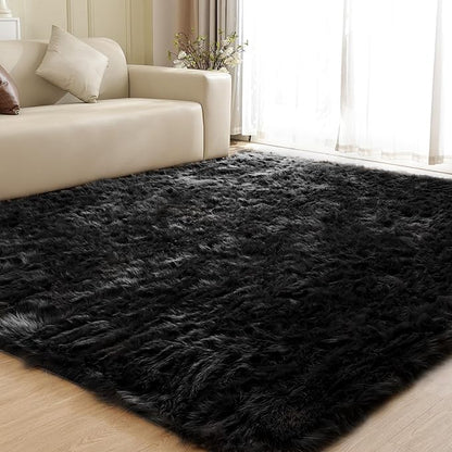 Black Rugs for Living Room 8x10 Area Rugs for Bedroom Shag Washable Faux Sheepskin Fuzzy Fur Rug Large Boho Nursery Rug