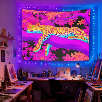 seewan Black Light Leopard Tapestry, UV-Reactive Glow-in-the-Dark Sleeping Jaguar Wall Hanging, Psychedelic Pink Jungle Animal Art Wall Decoration for Bedroom, Dorm, or Living Room Background