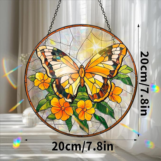 Bimkole Yellow Butterfly Sun Catchers Indoor Window - Flowers Acrylic Suncatcher Hanging Decoration for Living Room Bedroom Summer Home Balcony Outdoor Garden Ornaments Decoration 7.8x7.8 Inch