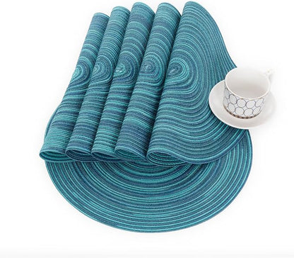SHACOS 15 inch Round Placemats Set of 6 Variegated Multicolor Place Mats Cotton Polyester Braided Non Slip Washable Heat Resistant Table Mats for Home Wedding Dinner Party Table Decor, Rainbow Teal