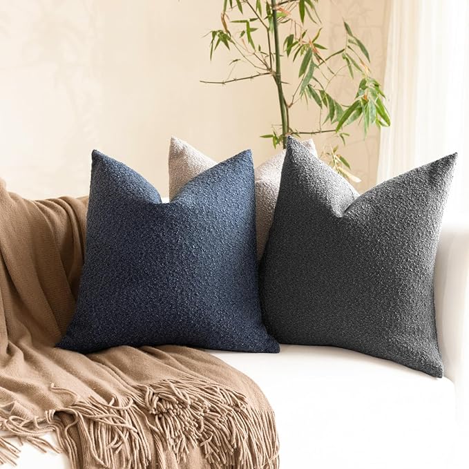 Boucle Decorative Throw Pillow Covers for Couch Set of 2, 22x22 inches, Charcoal