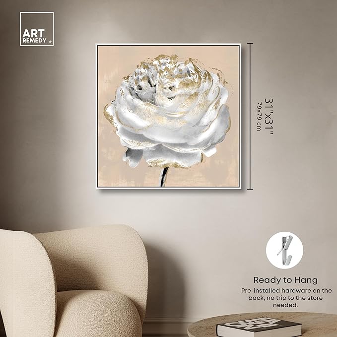 Art Remedy Beige Ranunculus Canvas Elegant White Gold Wall Art, White Frame, 30" x 30"