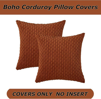 Kevin Textile Fall Throw Pillow Covers Soft Corduroy Decorative Set of 2 Boho Striped Pillow Covers Pillowcases Farmhouse Home Decor for Couch Bed Sofa Living Room 16x16 Inch Rust Brown