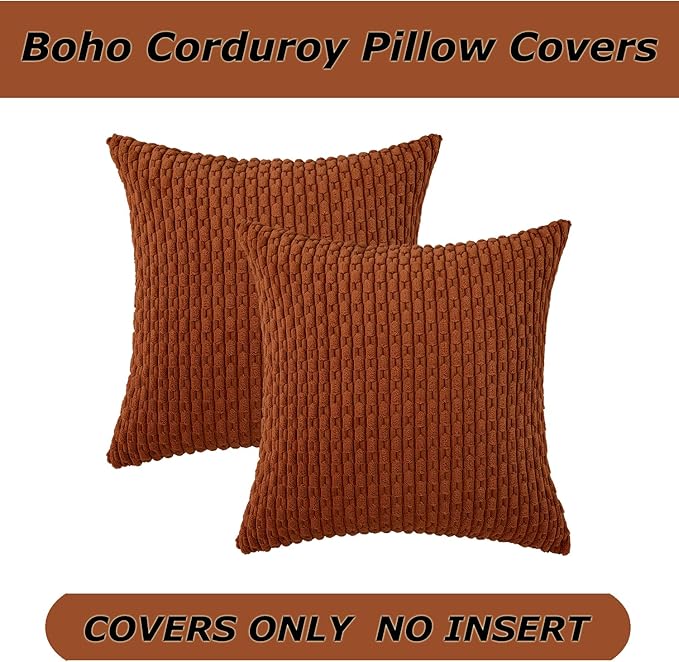 Kevin Textile Fall Throw Pillow Covers Soft Corduroy Decorative Set of 2 Boho Striped Pillow Covers Pillowcases Farmhouse Home Decor for Couch Bed Sofa Living Room 18x18 Inch Rust Brown