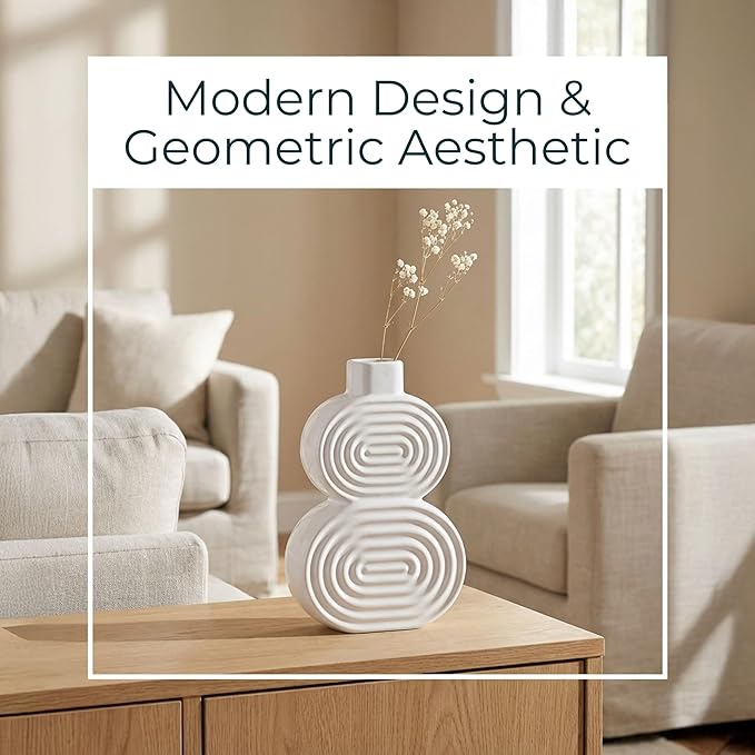 Decorative Flower Vase for Home Decor – Ceramic Modern Flower Vase with Stacked Design, Stylish Table Centerpiece for Living Room or Entry Display - Boho for Faux Flowers and Greenery – 10", White