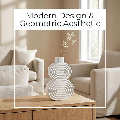Decorative Flower Vase for Home Decor – Ceramic Modern Flower Vase with Stacked Design, Stylish Table Centerpiece for Living Room or Entry Display - Boho for Faux Flowers and Greenery – 10", White