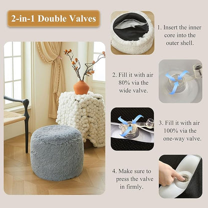 XeGe Fluffy Faux Fur Inflatable Pouf Ottoman, Soft Portable Shaggy Fuzzy Foot Stool, Gray Plush Furry Foot Rest Floor Pouf, Round Ottoman Cushion Living Room Bedroom Patio Dorm Desk, Light Grey