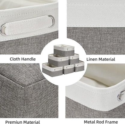 HNZIGE Small Organizer Bins for Shelf,Small Fabric Collapsible Baskets for Organizing Nursery Linen Canvas,Set of 6 Decorative Storage Basket for Storage Closet Toy(White&Gray, 11.8" x 7.8" x 5.1")