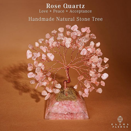 KARMAPLEDGE Rose Quartz Crystal Tree Good Luck Birthday Gifts for Womens, Mom, Home and Office Desk Decor, Pyramid Base Reiki Healing Stones & Chakra Tree of Life for Positive Energy, Money, Sucess