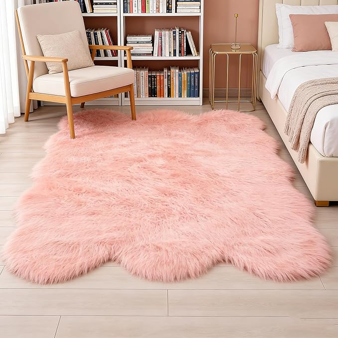 Pink Faux Fur Sheepskin Area Rug for Living Room Bedroom, 6 x 6 Feet Ultra Soft Shaggy Fuzzy Furry Carpet Chair Throw Large Rugs for Kids, Girls, Nursery Room Decor Dorms