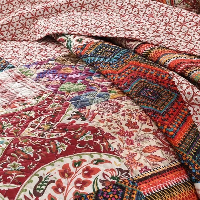 Cotton Bedspread Quilt Sets Reversible Bedding Coverlet Sets 3 Pieces Gorgeous Vintage Damask Red Patchwork Bedspread, King Size