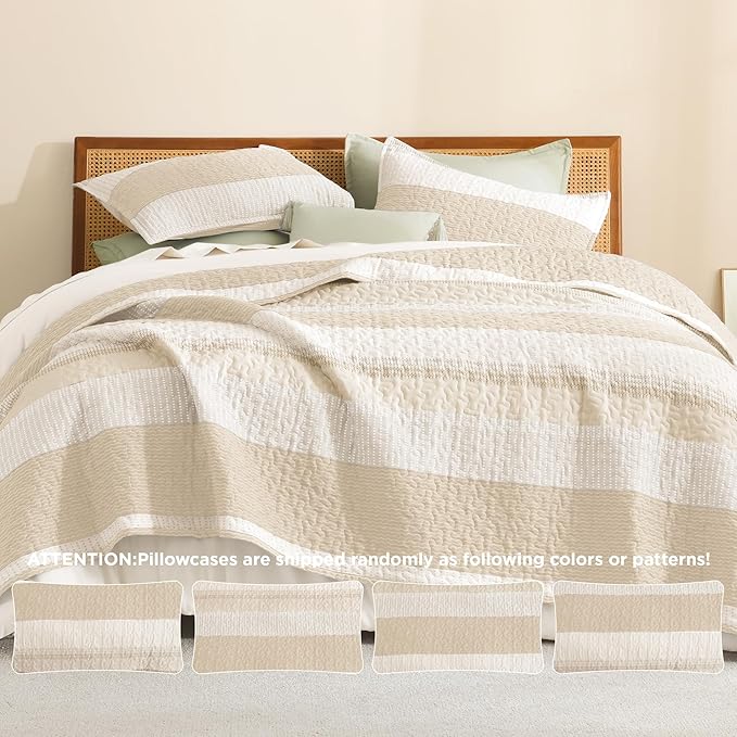 Litanika Quilt King Size Beige, Stripe Patchwork Summer Bedspread Coverlet 3 Pieces, Soft Lightweight Microfiber Quilted Bedding Set for All Season(1 Quilt, 2 Pillowcases)