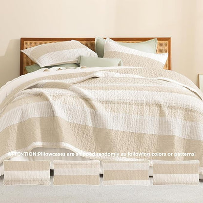 Litanika Quilt Queen Size Beige, Stripe Patchwork Summer Bedspread Coverlet 3 Pieces, Soft Lightweight Microfiber Quilted Bedding Set for All Season(1 Quilt, 2 Pillowcases)