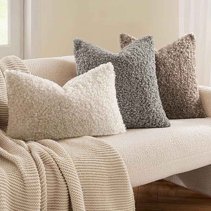 MIULEE Pack of 2 Throw Pillow Covers 20x20 Inch Neutral Khaki Faux Fur Decorative Sherpa Pillow Covers Fuzzy Accent Soft Sheepskin Fleece Cushion Cases for Boho Home Decor Couch Living Room Bed