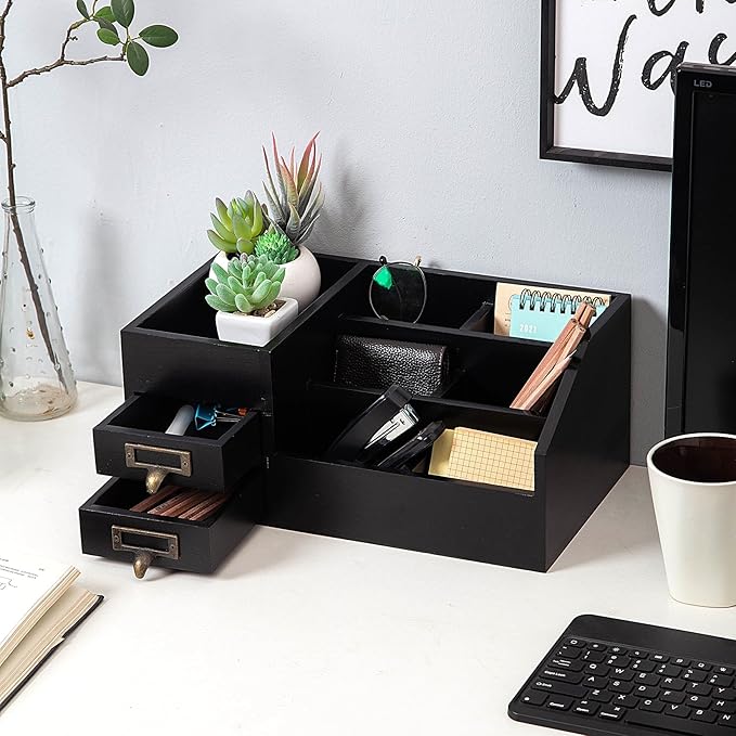 Distressed Rustic Wooden Office Desktop Organizer Wood Shelf Tabletop Home Organizer Storage with Multiple Compartments 2 Tier Drawers,perfect Jewelry storage Display Box for Desk, Vanity (Black)