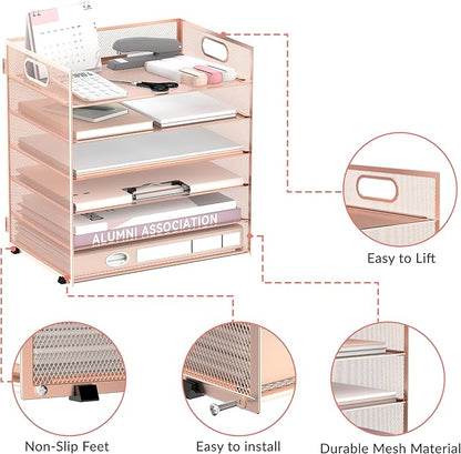 Daltack 6 Tier Paper Organizer for Desk, Paper Letter Tray Organizer for Desks, Mesh Desk File Organizers with Handle for Office, Home, School, Rose Gold, 2 Pack