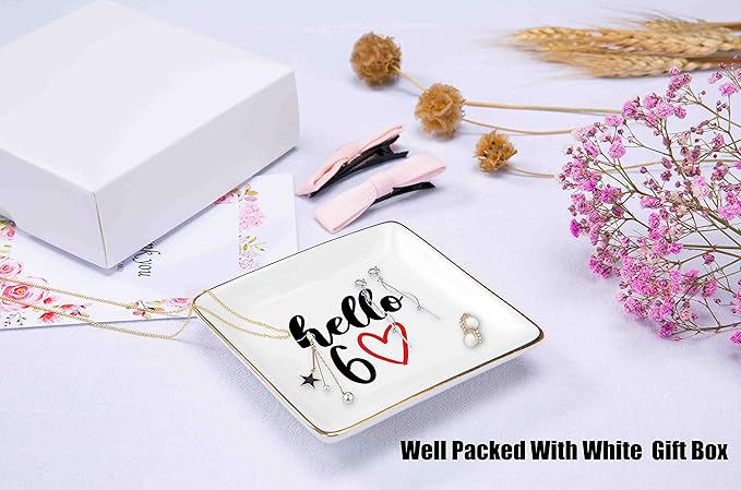 Hello 60 - Ceramic Jewelry Holder Ring Dish Trinket Tray - Funny 60th Birthday Gifts for Women Boss,Wife,Sisters,Bestie,Best Friends,Co-workers - Turning Sixty Present - 60 Years Old Gift