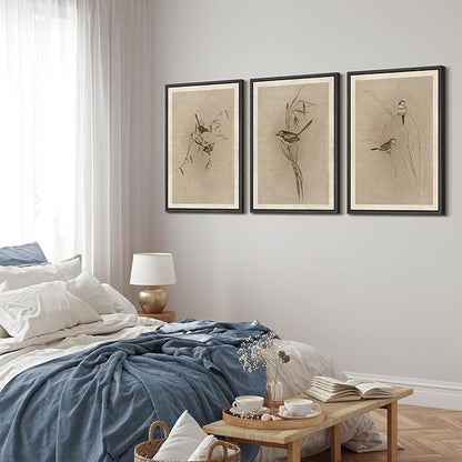 MUDECOR Framed Wall Art Print Set Vintage Bird Wheat Ear Illustrations Modern Art Boho Decorative Colorful Chic for Living Room, Bedroom, Office - 24"x36"x3 Black