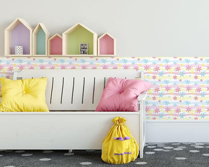 FLFK Wallpaper Border, Rainbow Flowers Peel and Stick Wall Border Self Adhesive Wall Paper Borders for Bedroom Living Room Girl's Room Kitchen Bathroom 10"x240"