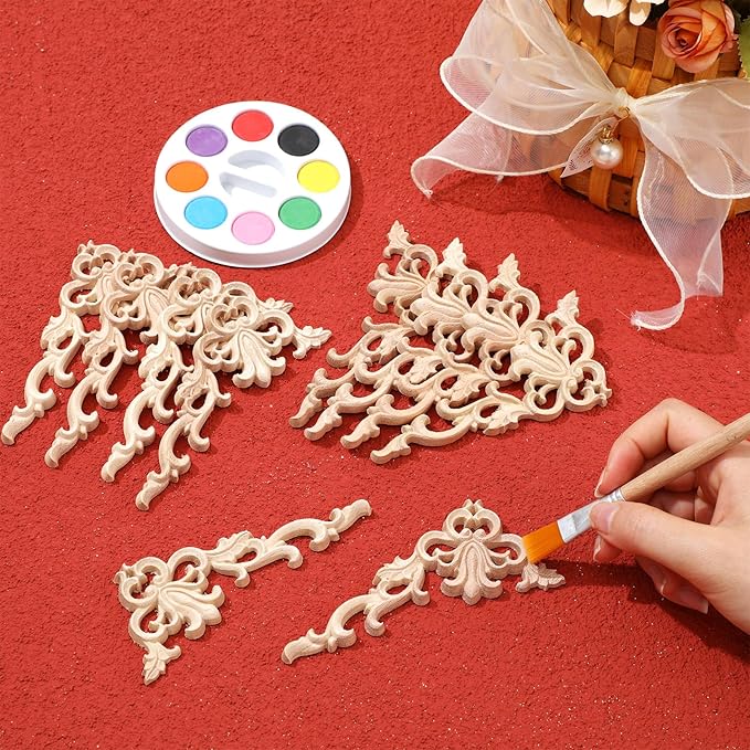20 Pcs Wood Applique Corner Onlay Decorative Wood Applique DIY Wooden Carved Corner Unpainted Wooden Carved Decals Carving Decal for Furniture Wall Cupboard Bed Cabinet(Cute Style)