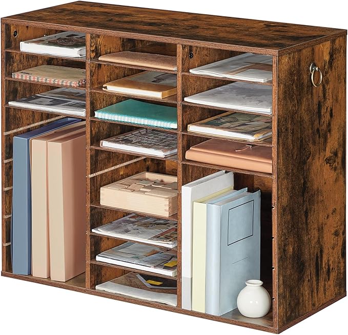 HOOBRO Literature Organizer, 27 Compartments Wooden Mail Organizer, Countertop Literature Sorter with Adjustable Shelves for Home, Office, School, Student Mailbox for Classroom, Rustic Brown FG27WF01