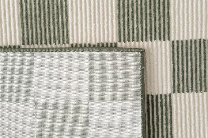 Revival Rugs Gambit 6'7"x9' Checkered Rug Washable Area Rug for Living Room Bedroom - 100% Recycled Oeko-TEX Certified, Medium Pile, Green, Beige