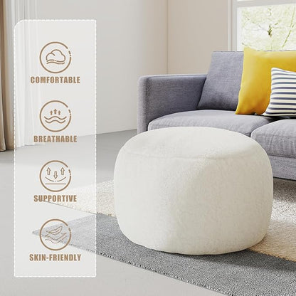 Round Pouf Ottoman Foot Rest, 29 X 18Inch Floor Poufs Footstool, A Round Modern Foam Filled Foot Stool for Living Room, Home, Nursery, Dorm, Outdoor (White, 29Inch)