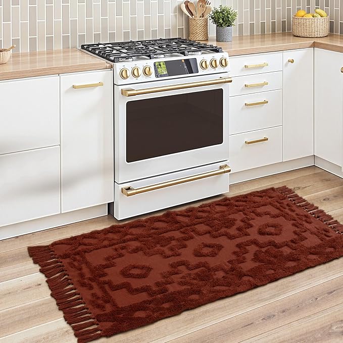 Uphome Boho Washable Runner Rugs 2' x 5', Woven Tufted Neutral Hallway Runner Rug with Fringe, Terracotta Cotton Farmhouse Entryway Rug, Tribal Accent Bedroom Floor Carpet for Bedside Laundry Kitchen