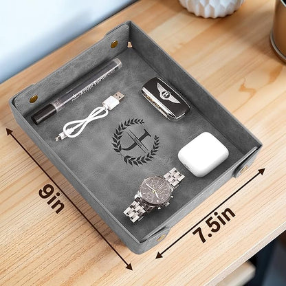 Engraved Leather Valet Tray for Men – Personalized Catchall with Custom Name for Desk, Dresser, Nightstand – Men's Organizer Tray for Keys, Wallet, Jewelry, Personalized Gift for Home, Office - Grey