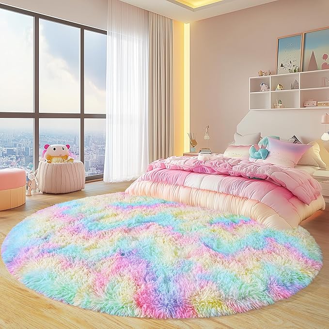 Round Fluffy Rugs 8Ft for Girls Bedroom, Rainbow Shag Circle Kids Rug Non-Slip for Bedside Dorm Nursery Playroom, Soft Cute Area Rugs for Living Room Decor