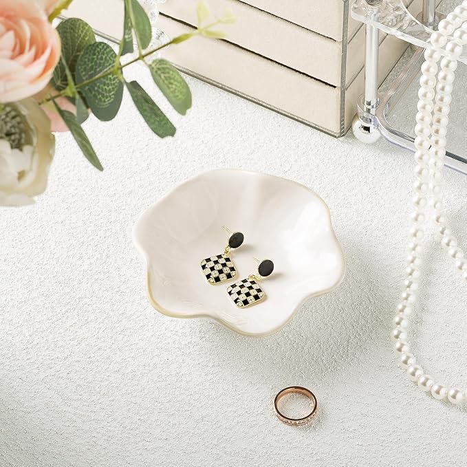 Ceramic Ring Dish, Jewelry Dish Holder, Small Trinket Tray Plate for Earrings Rings Necklaces Keys, for Mom Friend Sister (White Surface)