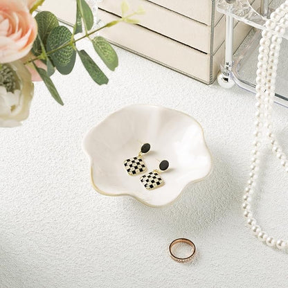 Ceramic Ring Dish, Jewelry Dish Holder, Small Trinket Tray Plate for Earrings Rings Necklaces Keys, for Mom Friend Sister (White Surface)