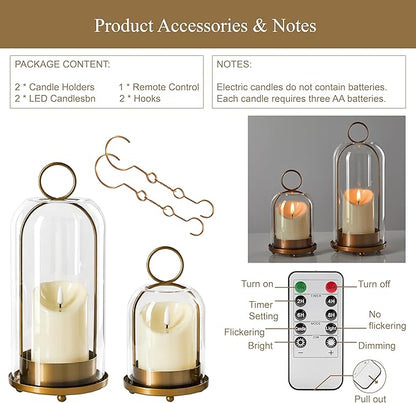 5"&4" Metal Candle Holder with Handmade Glass Dome in Brass & 2 Timer Candles, Set of 2 Versatile Hurricane Glass Candle Holders for Pillar Candles & Plants