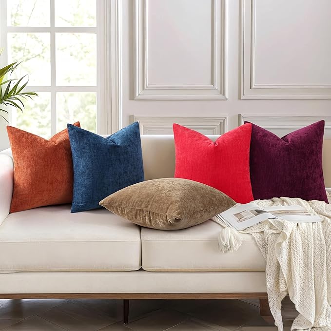 decorUhome Chenille Reddish Brown Throw Pillow Covers 12x20 Inch Set of 2, Decorative Soft Couch Pillow Covers Solid Dyed Accent Velvet Farmhouse Neutral Rectangle Pillow Cases for Sofa Living Room