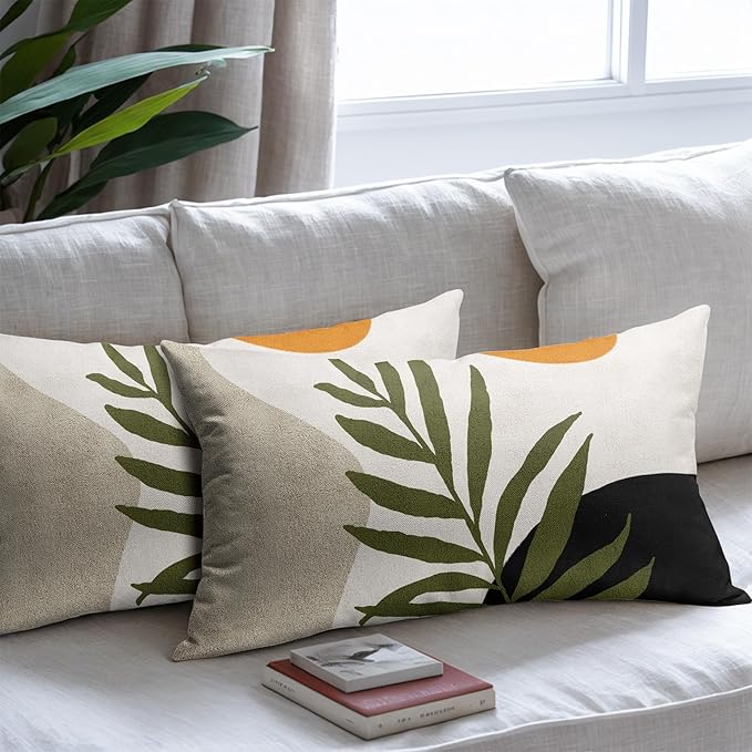 Spring Boho Pillow Covers 12x20 Set of 2 Abstract Mid Century Throw Pillow Covers Green Pillowcase Linen Decoration Farmhouse Soft Decorative Aesthetic Cushion Case Couch for Indoor Outdoor Home Decor
