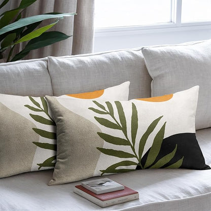 Spring Boho Pillow Covers 12x20 Set of 2 Abstract Mid Century Throw Pillow Covers Green Pillowcase Linen Decoration Farmhouse Soft Decorative Aesthetic Cushion Case Couch for Indoor Outdoor Home Decor