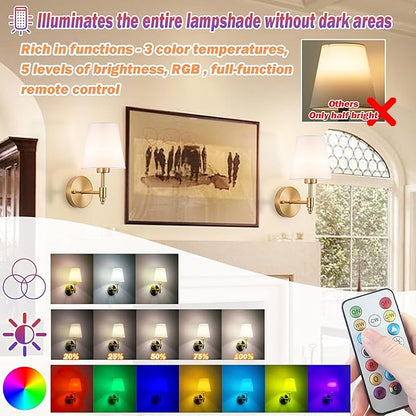 Battery Operated Wall Sconces Set of Two, Wireless Battery Wall Light with 10000mAh RGB Dimmable Magnetic Bulb and Remote, Rechargeable Sconce Wall Decor for Bedroom Living Room Hallway