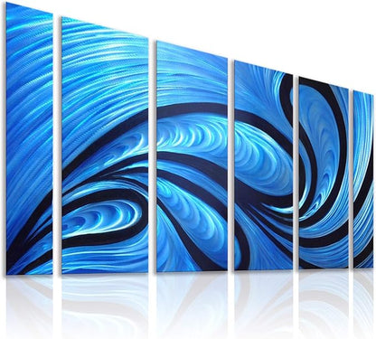 Unique Metal Wall Sculpture, Metal Wall Art with proud as a peacock design, Abstract Blue and Black Modern and Contemporary Décor, Aluminum Artwork, Indoor and Outdoor decoration, 6 panels 64"Wx24"H