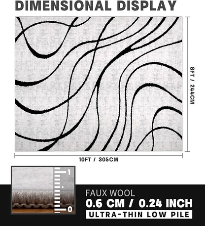 YIHOUSE Modern Rugs for Living Room, 8x10 Washable Black and White Area Rug, Thin Abstract Geometric Striped Rug, Area Rug for Bedroom,Kitchen,Dining Room,Office
