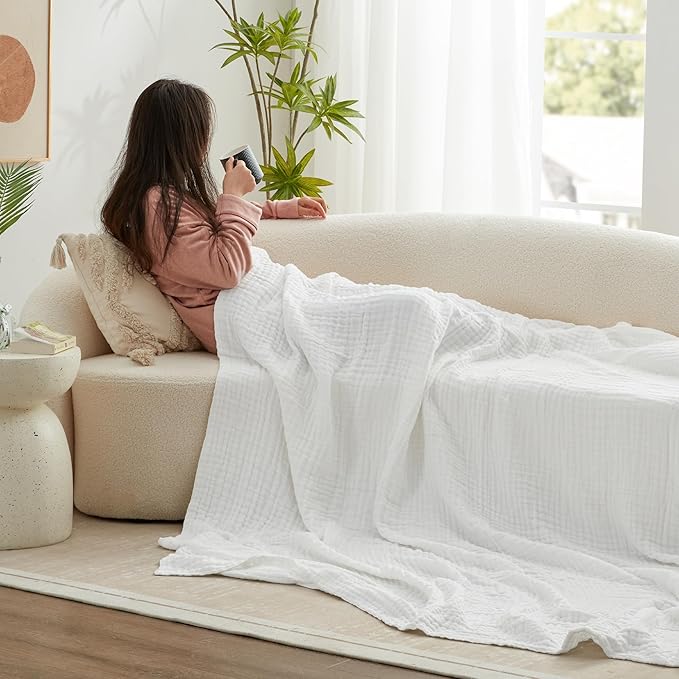 Love's cabin 6 Layer 100% Cotton Muslin Blanket, 108"x90" Muslin King Size Blanket for Bed Couch, Lightweight and Breathable Cotton Gauze for Adult, White