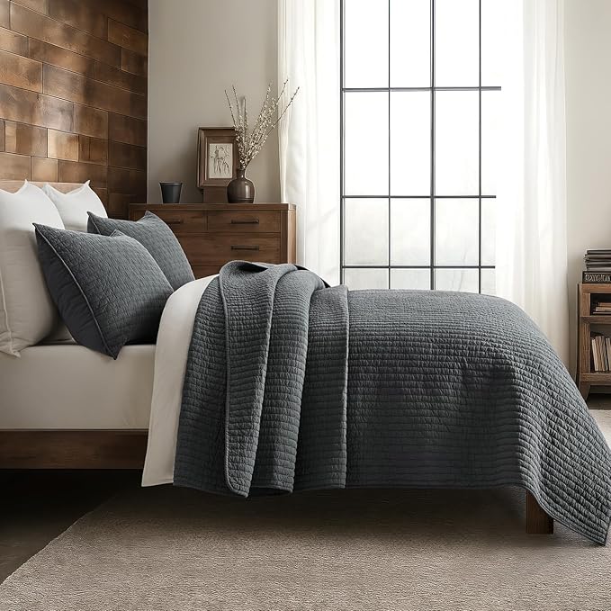 EVERGRACE Cross Stitch Pre-Washed Cotton Quilt Bedding Set King Size, Oversized 3 Pieces Lightweight Bedspread Coverlet for All Season, with 2 Matching Shams, Charcoal, 108"x96"