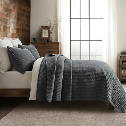 EVERGRACE Cross Stitch Pre-Washed Cotton Quilt Bedding Set King Size, Oversized 3 Pieces Lightweight Bedspread Coverlet for All Season, with 2 Matching Shams, Charcoal, 108"x96"