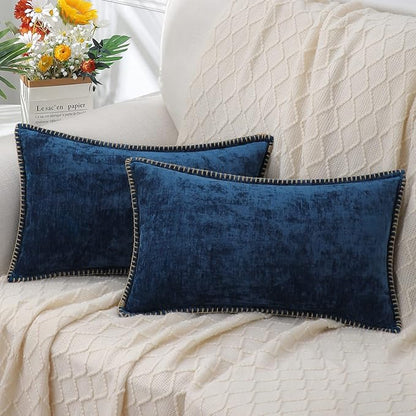 decorUhome Spring Chenille Soft Throw Pillow Covers 12x20 Set of 2, Lumbar Velvet Farmhouse Neutral Decorative Pillow Covers with Stitched Edge for Couch Sofa Bed Home Decor, Poseidon