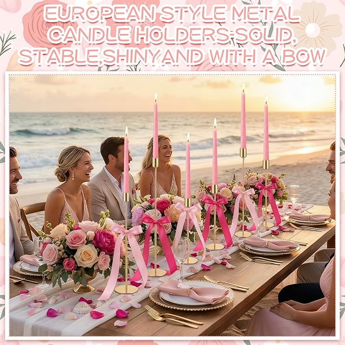 6 Set Pink Party Decorations, 6 Candle Holders and 6 Ribbon Bow, Metal Brass Gold Candlestick Holders for Table Wedding Bachelorette Birthday Party Supplies