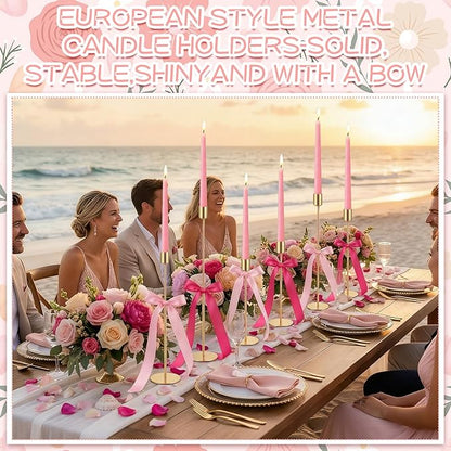 6 Set Pink Party Decorations, 6 Candle Holders and 6 Ribbon Bow, Metal Brass Gold Candlestick Holders for Table Wedding Bachelorette Birthday Party Supplies