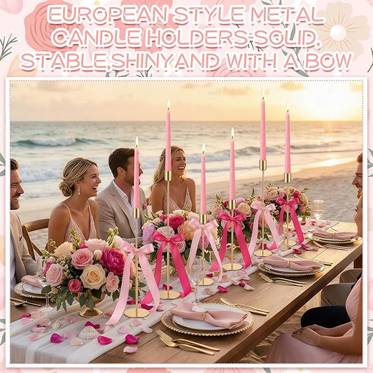 6 Set Pink Party Decorations, 6 Candle Holders and 6 Ribbon Bow, Metal Brass Gold Candlestick Holders for Table Wedding Bachelorette Birthday Party Supplies